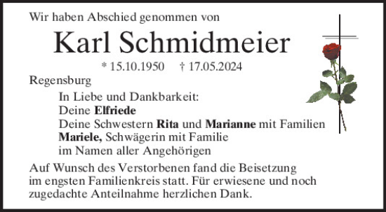 Traueranzeige von Karl Schmidmeier von Mittelbayerische Zeitung Regensburg
