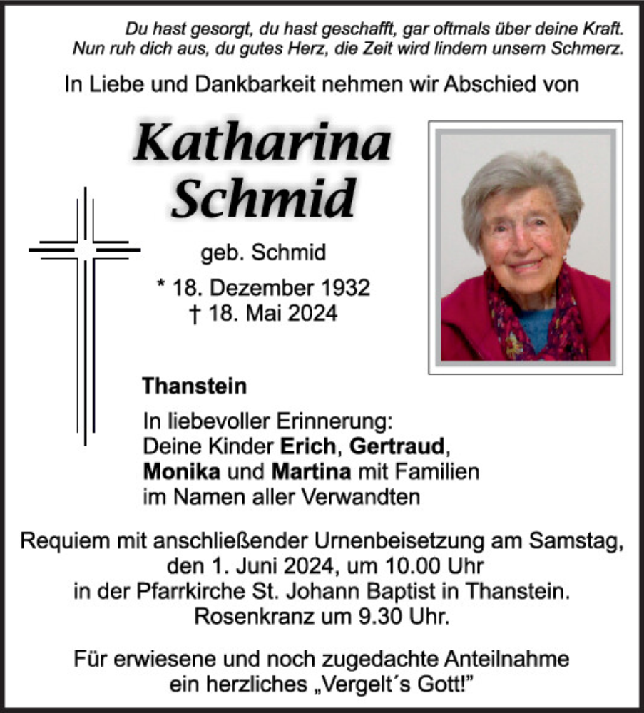  Traueranzeige für Katharina Schmid vom 28.05.2024 aus Mittelbayerische Zeitung Schwandorf