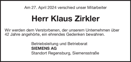 Traueranzeige von Klaus Zirkler von Mittelbayerische Zeitung Regensburg