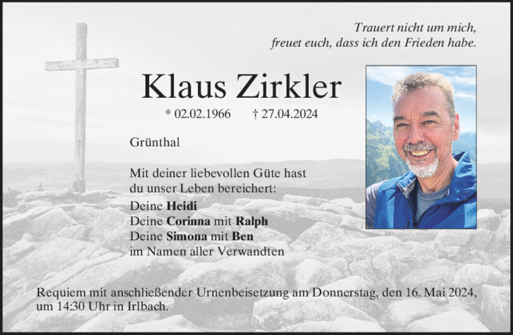  Traueranzeige für Klaus Zirkler vom 04.05.2024 aus Mittelbayerische Zeitung Regensburg