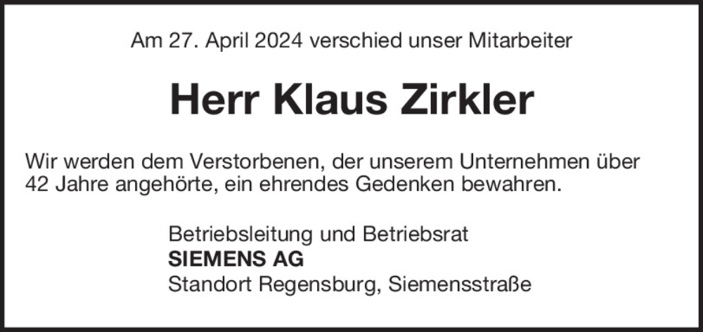  Traueranzeige für Klaus Zirkler vom 09.05.2024 aus Mittelbayerische Zeitung Regensburg
