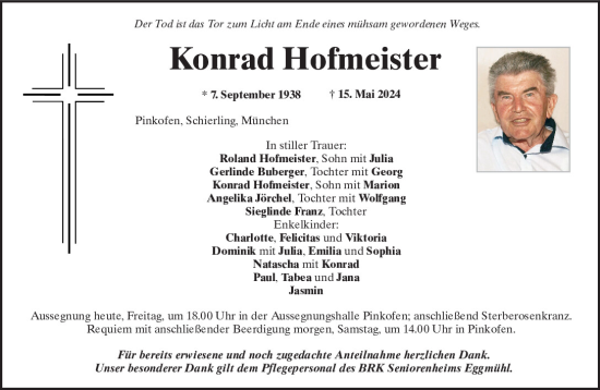 Traueranzeige von Konrad Hofmeister von Mittelbayerische Zeitung Regensburg