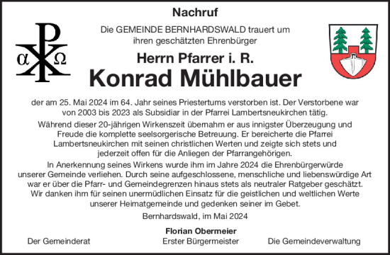 Traueranzeige von Konrad Mühlbauer von Mittelbayerische Zeitung Regensburg