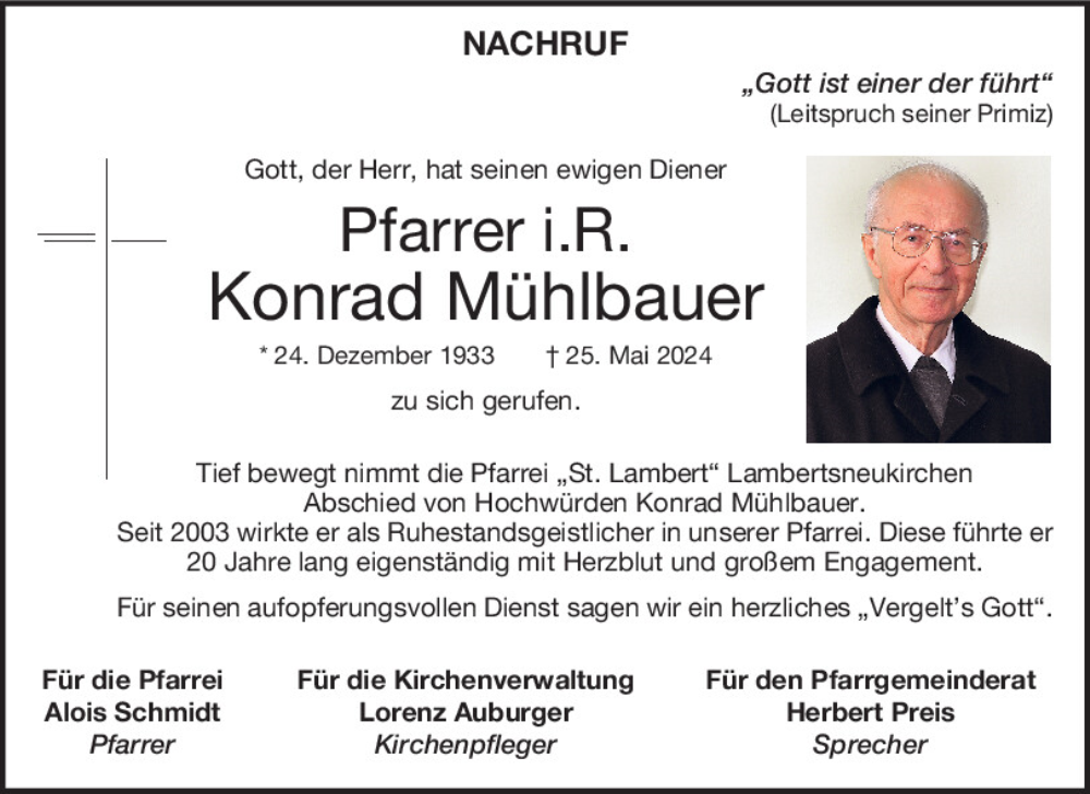  Traueranzeige für Konrad Mühlbauer vom 28.05.2024 aus Mittelbayerische Zeitung Regensburg