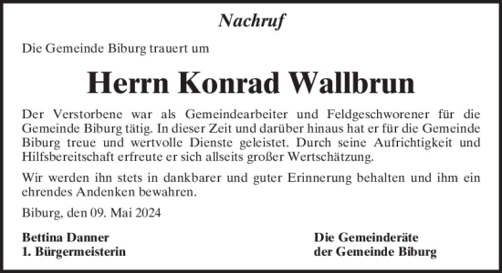 Traueranzeige von Konrad Wallbrun von Mittelbayerische Zeitung Kelheim