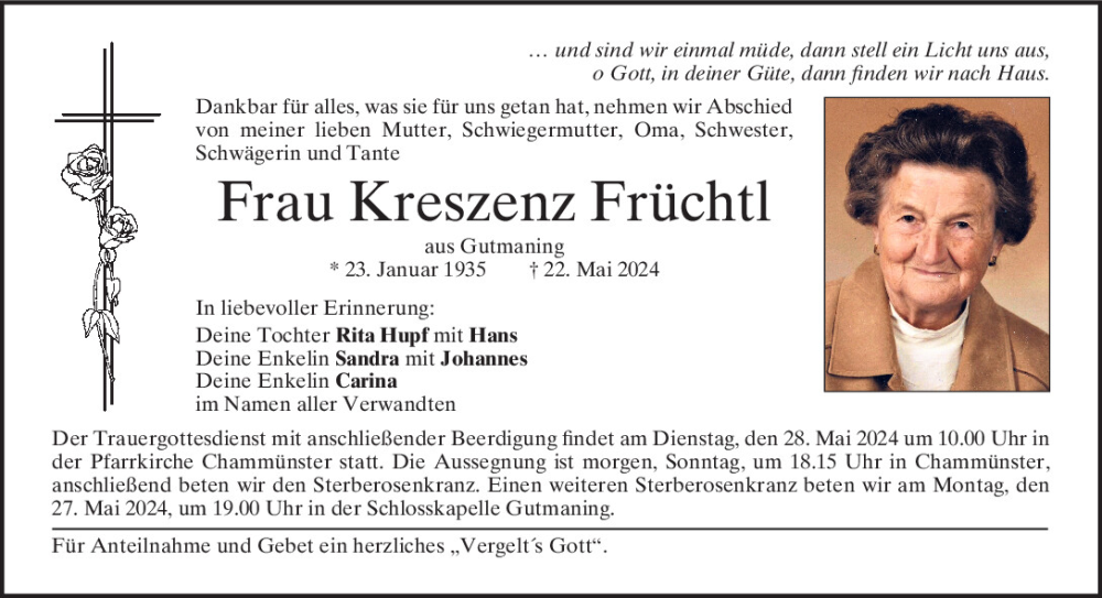  Traueranzeige für Kreszenz Früchtl vom 25.05.2024 aus Bayerwald Echo