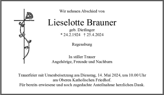 Traueranzeige von Lieselotte Brauner von Mittelbayerische Zeitung Regensburg