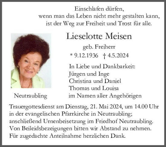 Traueranzeige von Lieselotte Meisen von Mittelbayerische Zeitung Regensburg