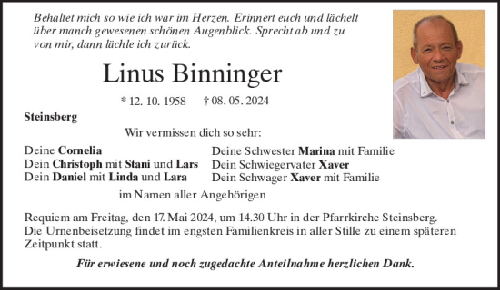 Traueranzeige von Linus Binninger von Mittelbayerische Zeitung Regensburg