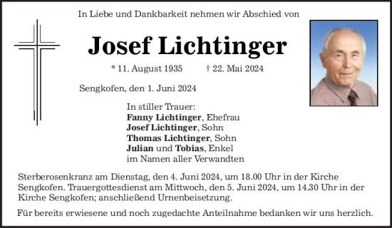 Traueranzeige von LJosef Lichtinger von Mittelbayerische Zeitung Regensburg