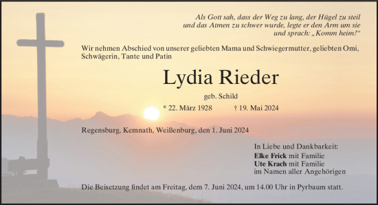 Traueranzeige von Lydia Rieder von Mittelbayerische Zeitung Regensburg