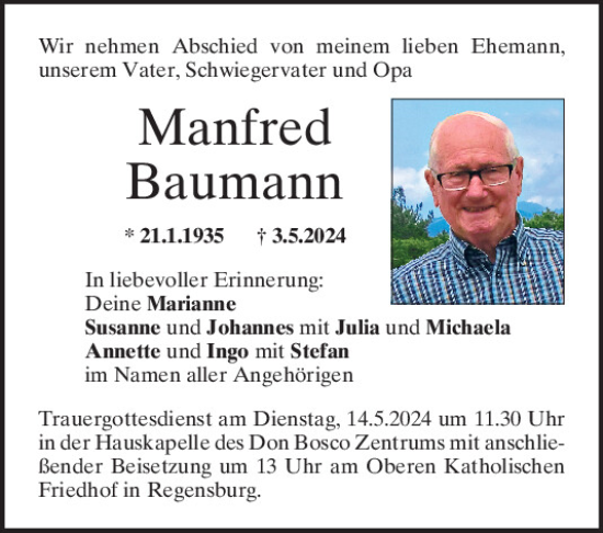 Traueranzeige von Manfred Baumann von Mittelbayerische Zeitung Regensburg