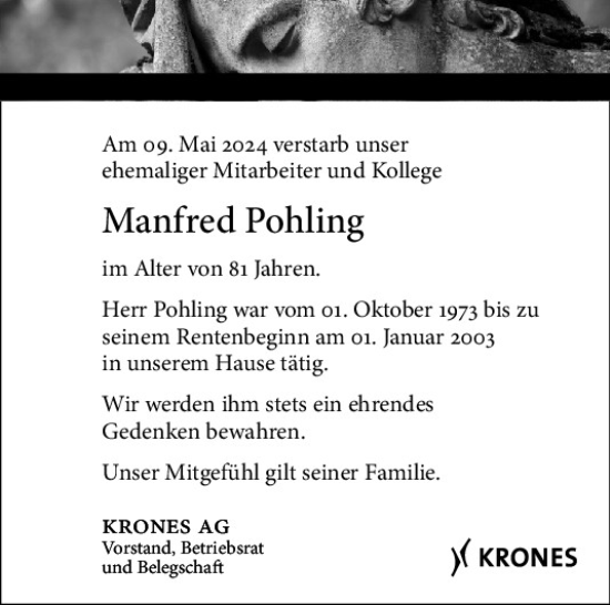 Traueranzeige von Manfred Pohling von Mittelbayerische Zeitung Regensburg
