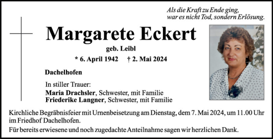 Traueranzeige von Margarete Eckert von Mittelbayerische Zeitung Schwandorf