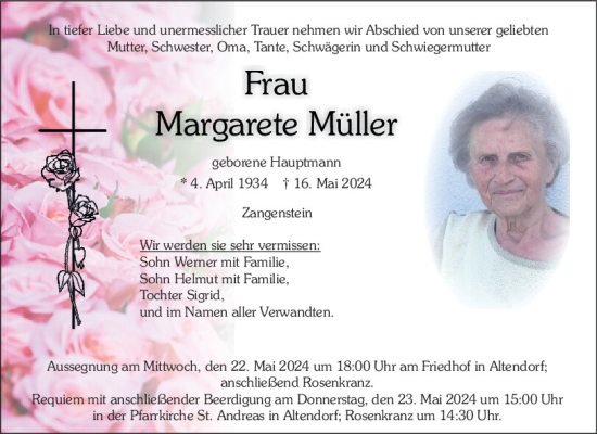 Traueranzeige von Margarete Müller von Mittelbayerische Zeitung Schwandorf