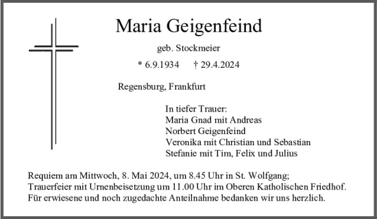 Traueranzeige von Maria Geigenfeind von Mittelbayerische Zeitung Regensburg