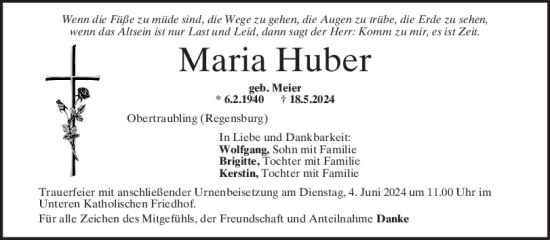 Traueranzeige von Maria Huber von Mittelbayerische Zeitung Regensburg
