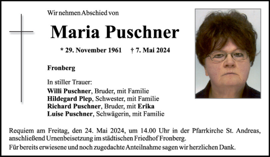 Traueranzeige von Maria Puschner von Mittelbayerische Zeitung Schwandorf