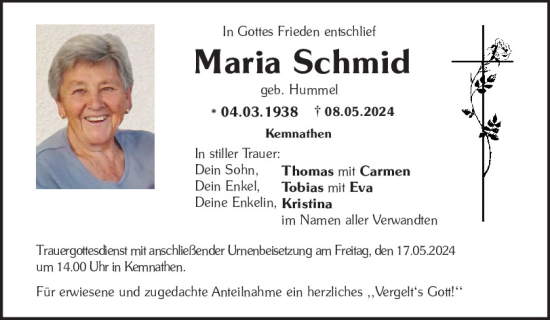 Traueranzeige von Maria Schmid von Neumarkter Tagblatt