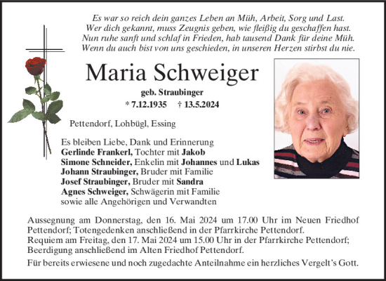 Traueranzeige von Maria Schweiger von Mittelbayerische Zeitung Regensburg