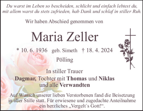Traueranzeige von Maria Zeller von Neumarkter Tagblatt