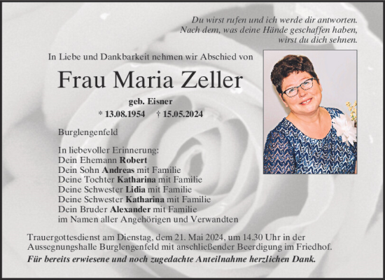 Traueranzeige von Maria Zeller von Mittelbayerische Zeitung Schwandorf