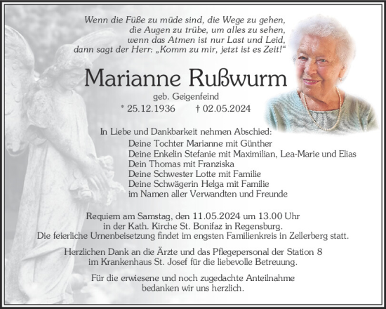 Traueranzeige von Marianne Rußwurm von Mittelbayerische Zeitung Regensburg