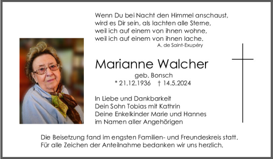 Traueranzeige von Marianne Walcher von Mittelbayerische Zeitung Regensburg