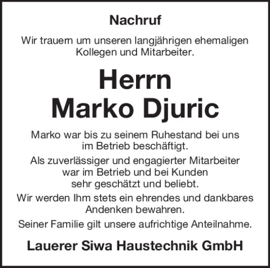 Traueranzeige von Marko Djuric von Mittelbayerische Zeitung Kelheim