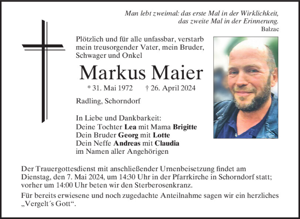  Traueranzeige für Markus Maier vom 04.05.2024 aus Bayerwald Echo