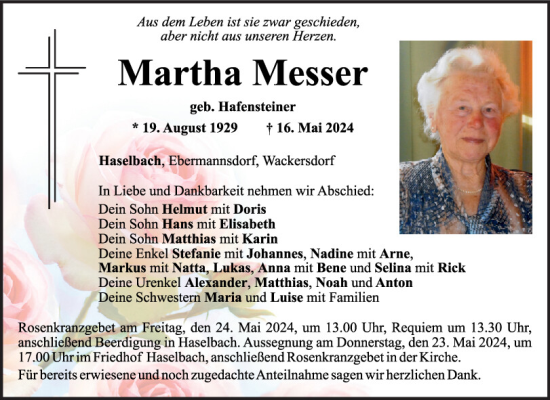 Traueranzeige von Martha Messer von Mittelbayerische Zeitung Schwandorf
