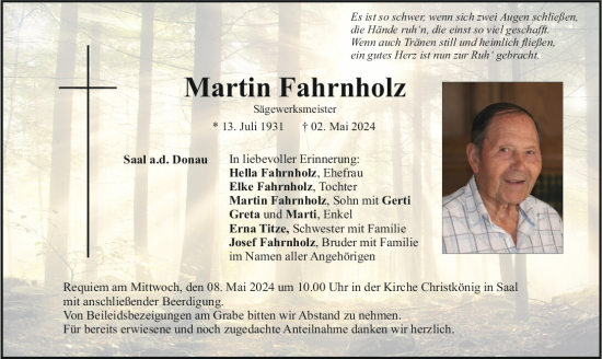 Traueranzeige von Martin Fahrnholz von Mittelbayerische Zeitung Kelheim
