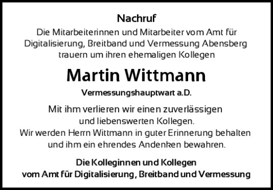 Traueranzeige von Martin Wittmann von Mittelbayerische Zeitung Kelheim
