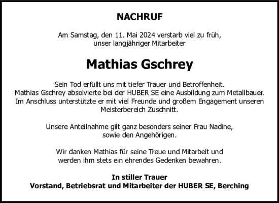 Traueranzeige von Mathias Gschrey von Neumarkter Tagblatt