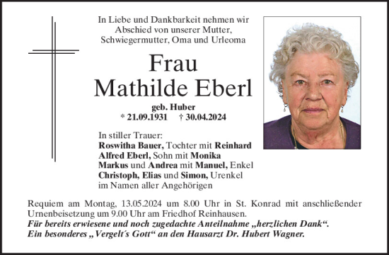 Traueranzeige von Mathilde Eberl von Mittelbayerische Zeitung Regensburg