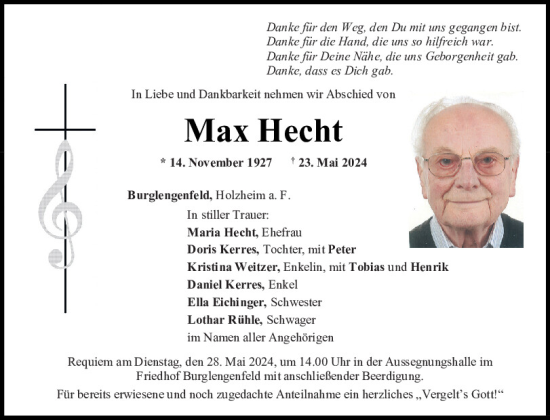 Traueranzeige von Max Hecht von Mittelbayerische Zeitung Schwandorf