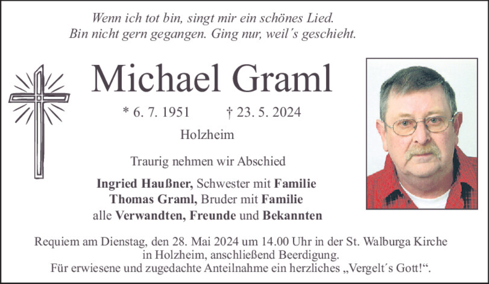  Traueranzeige für Michael Graml vom 25.05.2024 aus Neumarkter Tagblatt