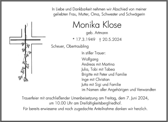 Traueranzeige von Monika Klose von Mittelbayerische Zeitung Regensburg
