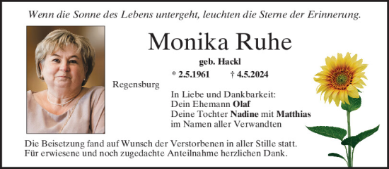 Traueranzeige von Monika Ruhe von Mittelbayerische Zeitung Regensburg