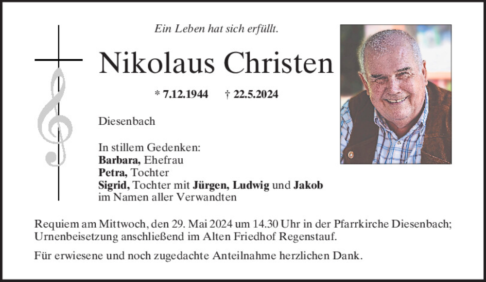  Traueranzeige für Nikolaus Christen vom 25.05.2024 aus Mittelbayerische Zeitung Regensburg
