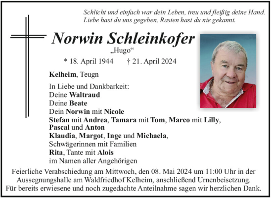 Traueranzeige von Norwin Schleinkofer von Mittelbayerische Zeitung Kelheim