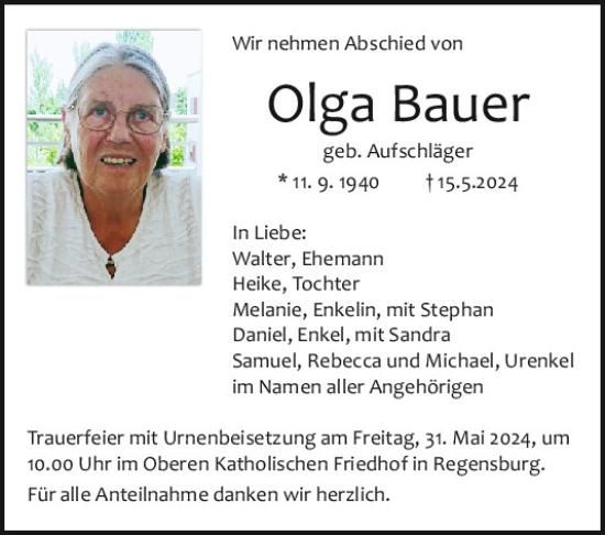 Traueranzeige von Olga Bauer von Mittelbayerische Zeitung Regensburg
