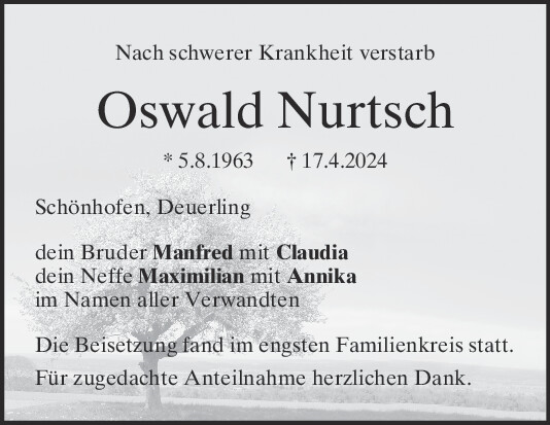 Traueranzeige von Oswald Nurtsch von Mittelbayerische Zeitung Regensburg
