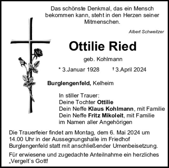 Traueranzeige von Ottilie Ried von Mittelbayerische Zeitung Schwandorf