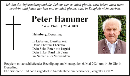 Traueranzeige von Peter Hammer von Mittelbayerische Zeitung Regensburg