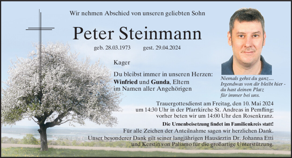  Traueranzeige für Peter Steinmann vom 08.05.2024 aus Bayerwald Echo