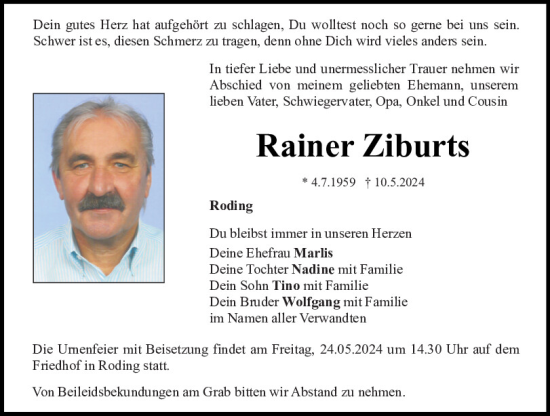 Traueranzeige von Rainer Ziburts von Bayerwald Echo