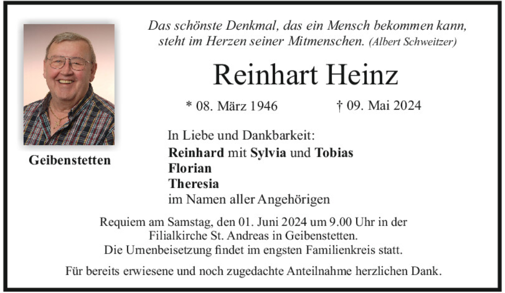  Traueranzeige für Reinhart Heinz vom 29.05.2024 aus Mittelbayerische Zeitung Kelheim