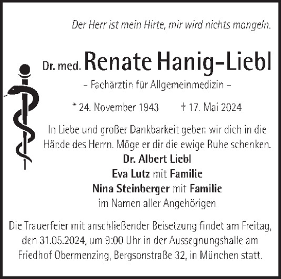 Traueranzeige von Renate Hanig-Liebl von Mittelbayerische Zeitung Regensburg