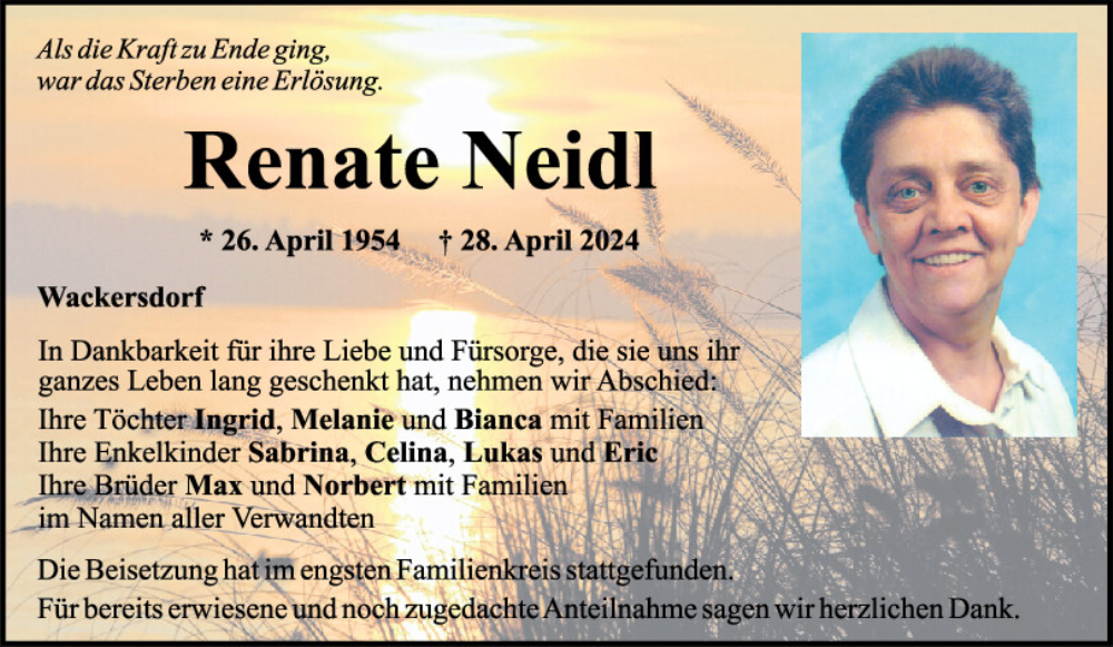  Traueranzeige für Renate Neidl vom 09.05.2024 aus Mittelbayerische Zeitung Schwandorf